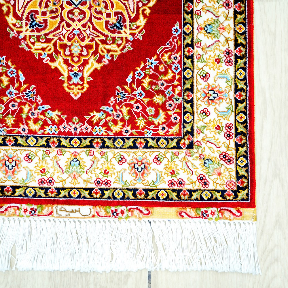 Red Persian Rug Oriental Hand Knotted Silk Rug 1.5x2ft - Image 6