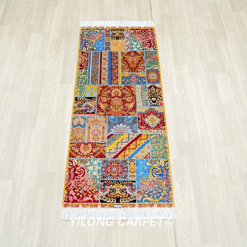 Patchwork Pattern Floral Handmade Silk Rug Runner 2x5ft - Image 3