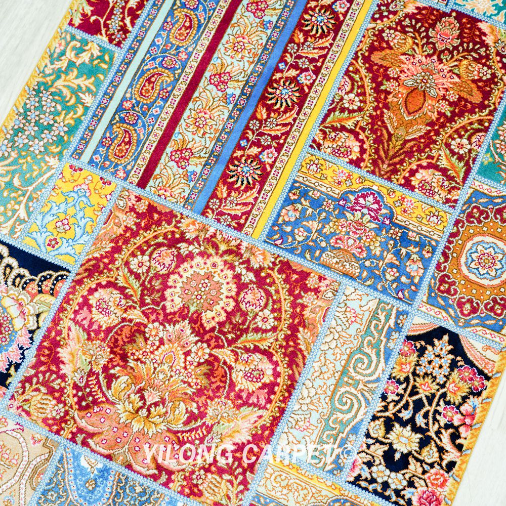 Patchwork Pattern Floral Handmade Silk Rug Runner 2x5ft - Image 5