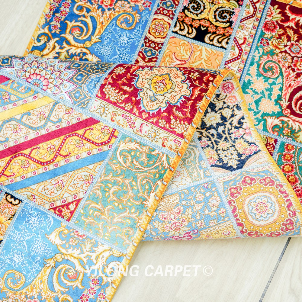 Patchwork Pattern Floral Handmade Silk Rug Runner 2x5ft - Image 7