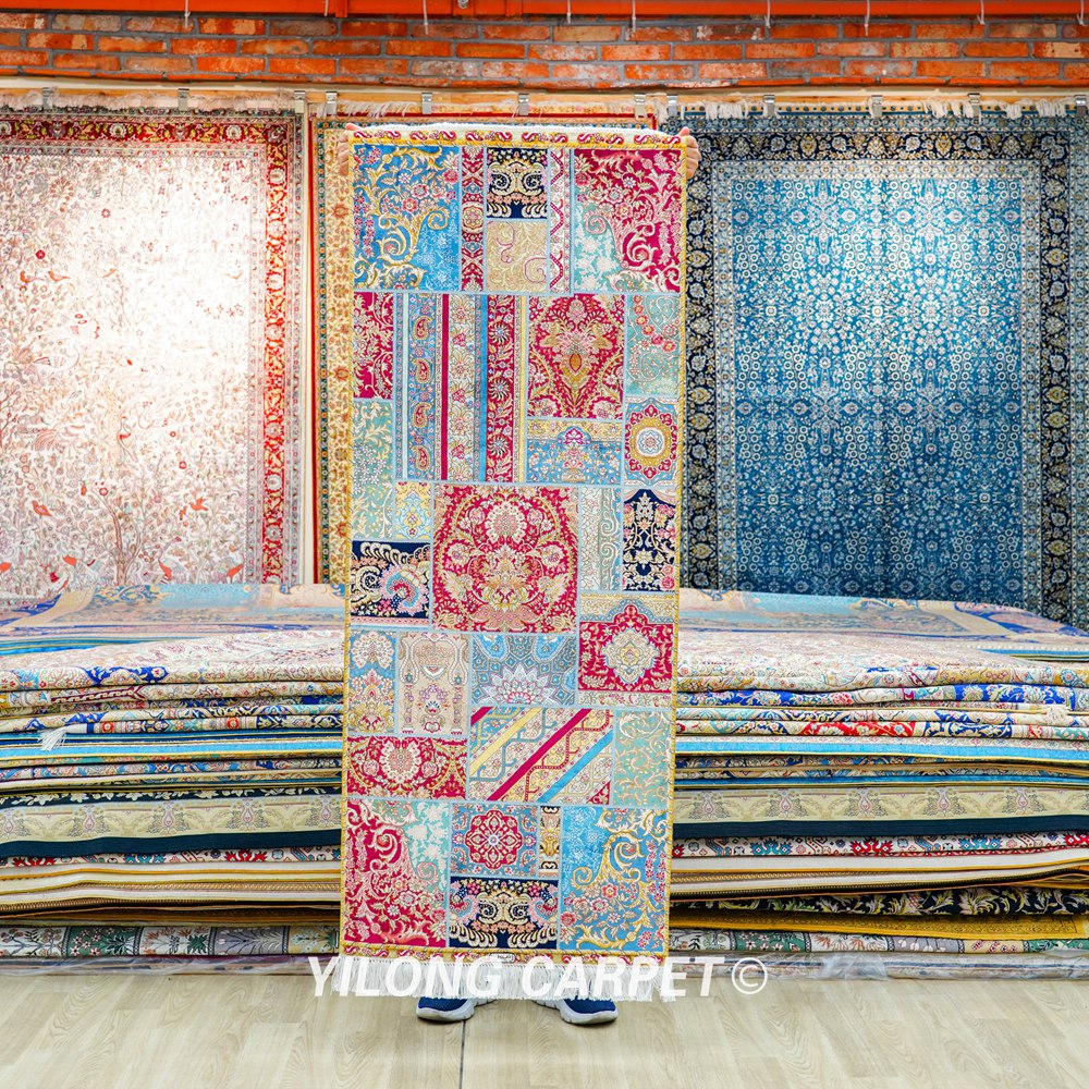 Patchwork Pattern Floral Handmade Silk Rug Runner 2x5ft - Image 9