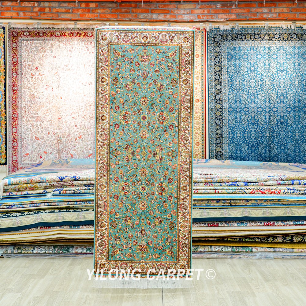 Blue Floral Pattern Handmade Silk Rug Runner 2x5ft - Image 3