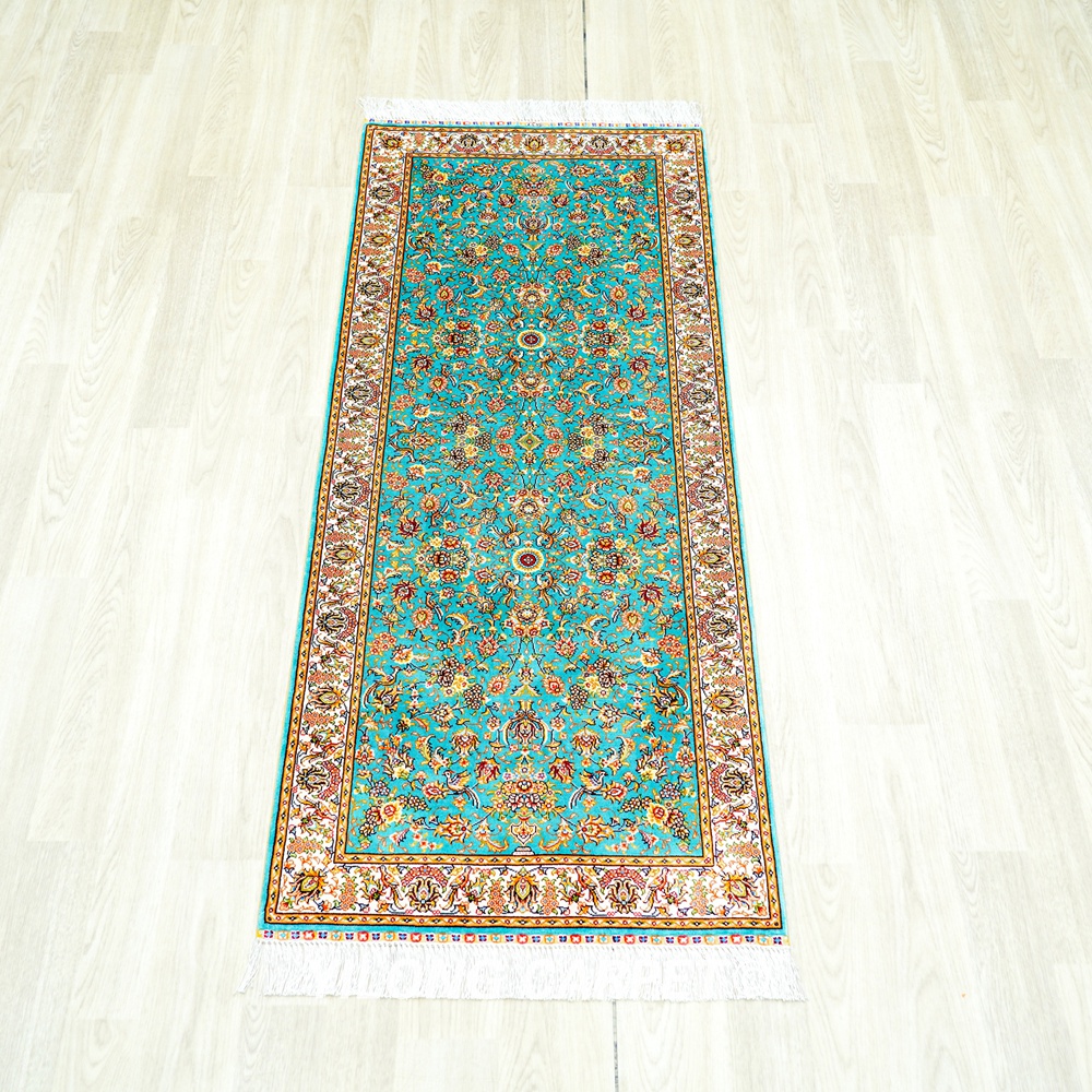 Blue Floral Pattern Handmade Silk Rug Runner 2x5ft - Image 4