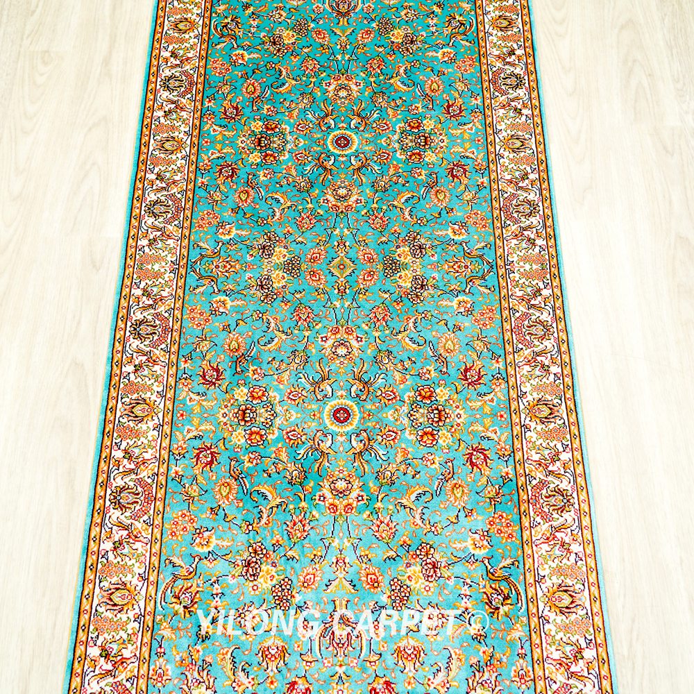 Blue Floral Pattern Handmade Silk Rug Runner 2x5ft - Image 5