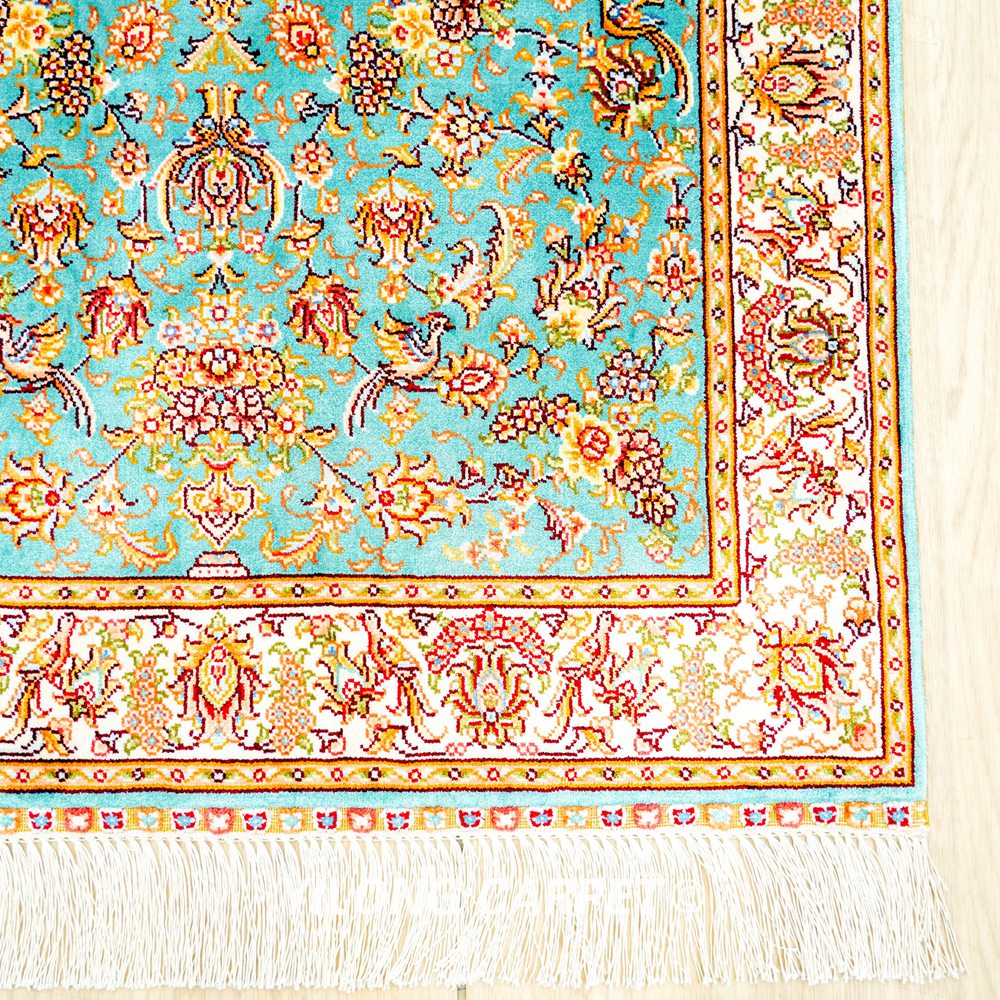 Blue Floral Pattern Handmade Silk Rug Runner 2x5ft - Image 6
