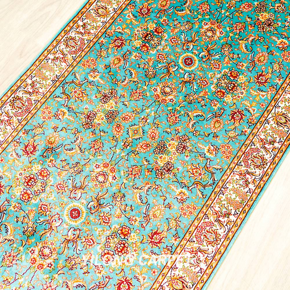 Blue Floral Pattern Handmade Silk Rug Runner 2x5ft - Image 7