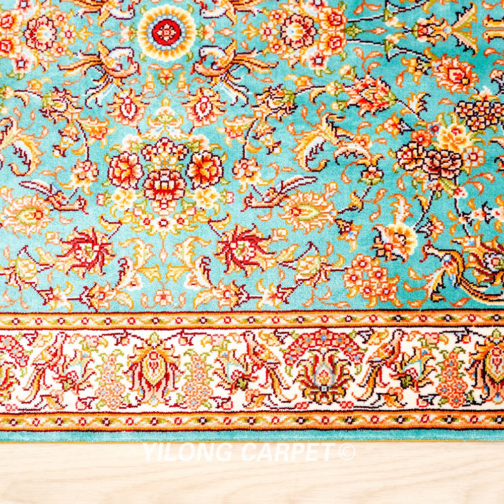 Blue Floral Pattern Handmade Silk Rug Runner 2x5ft - Image 8