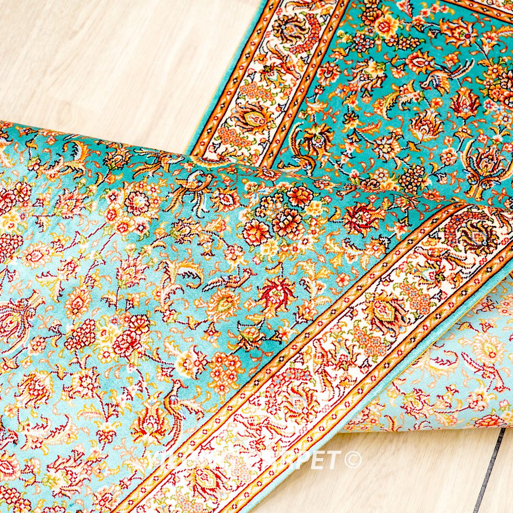Blue Floral Pattern Handmade Silk Rug Runner 2x5ft - Image 9