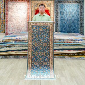 Blue Floral Pattern Hand Knotted Silk Rug Runner 2x5ft