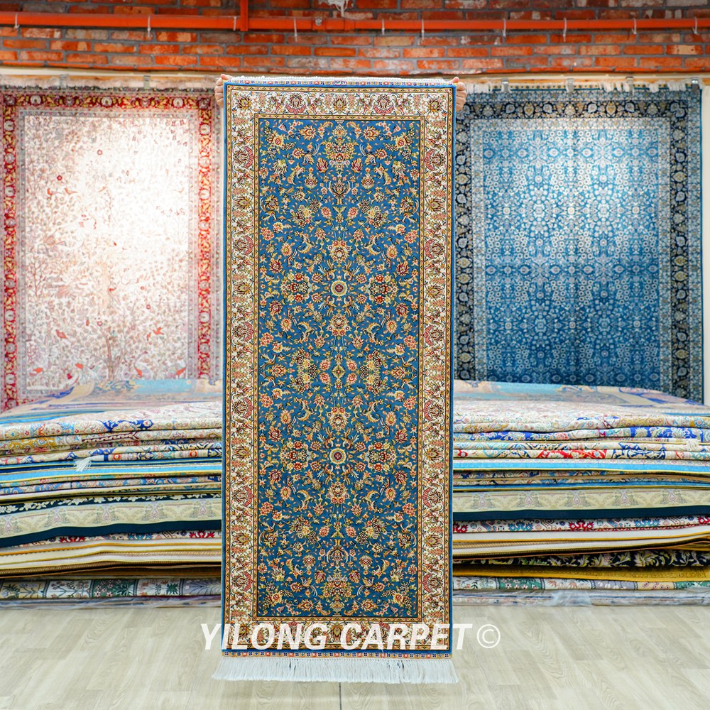 Blue Floral Pattern Hand Knotted Silk Rug Runner 2x5ft - Image 3