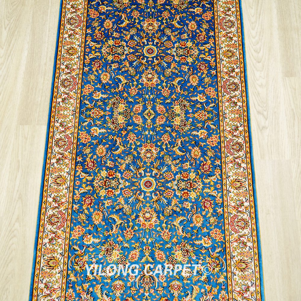 Blue Floral Pattern Hand Knotted Silk Rug Runner 2x5ft - Image 4