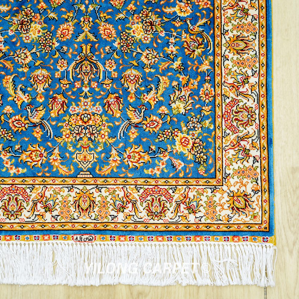 Blue Floral Pattern Hand Knotted Silk Rug Runner 2x5ft - Image 5