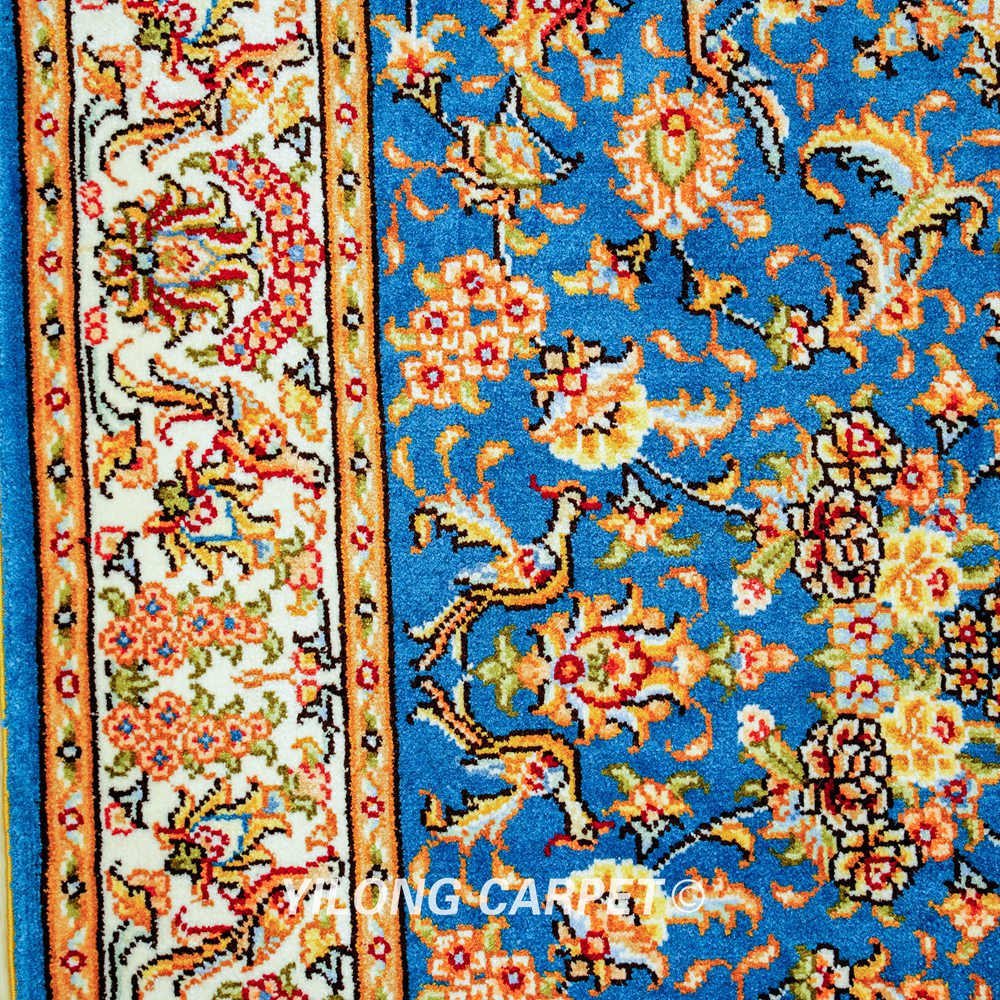 Blue Floral Pattern Hand Knotted Silk Rug Runner 2x5ft - Image 7