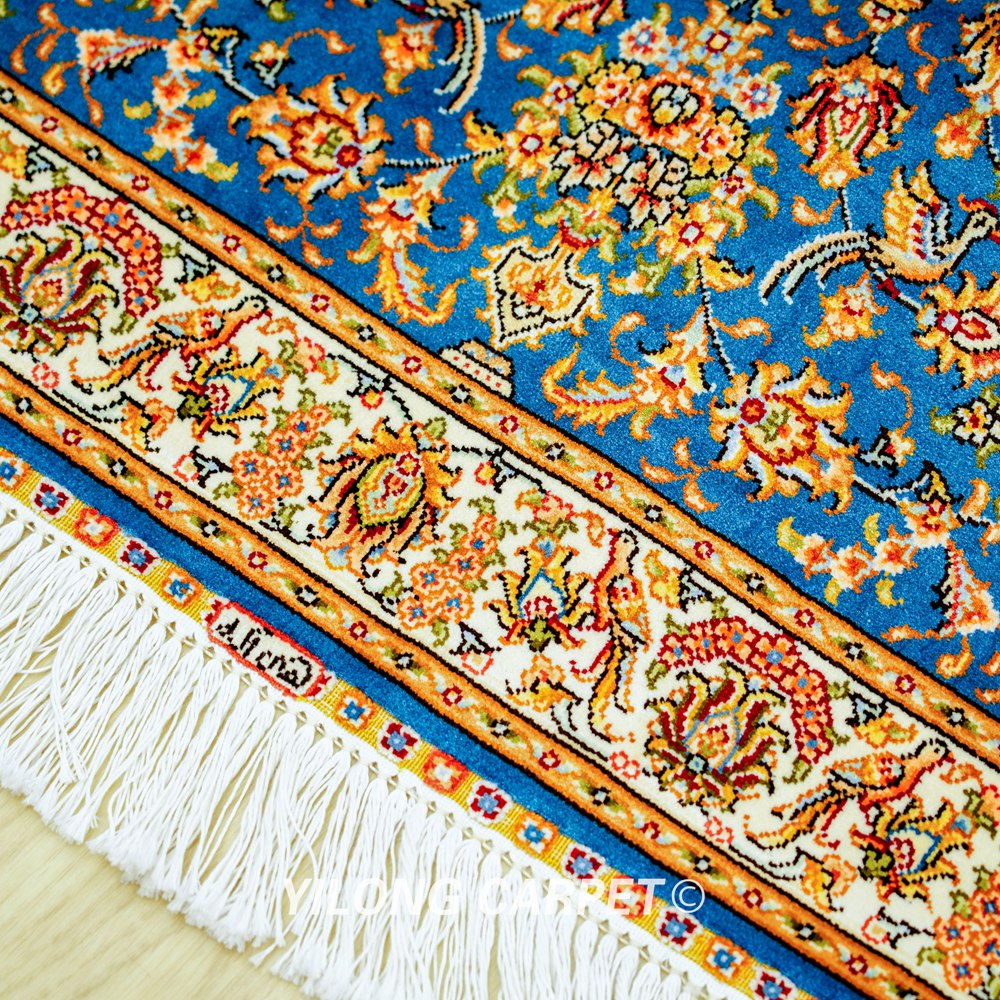 Blue Floral Pattern Hand Knotted Silk Rug Runner 2x5ft - Image 8