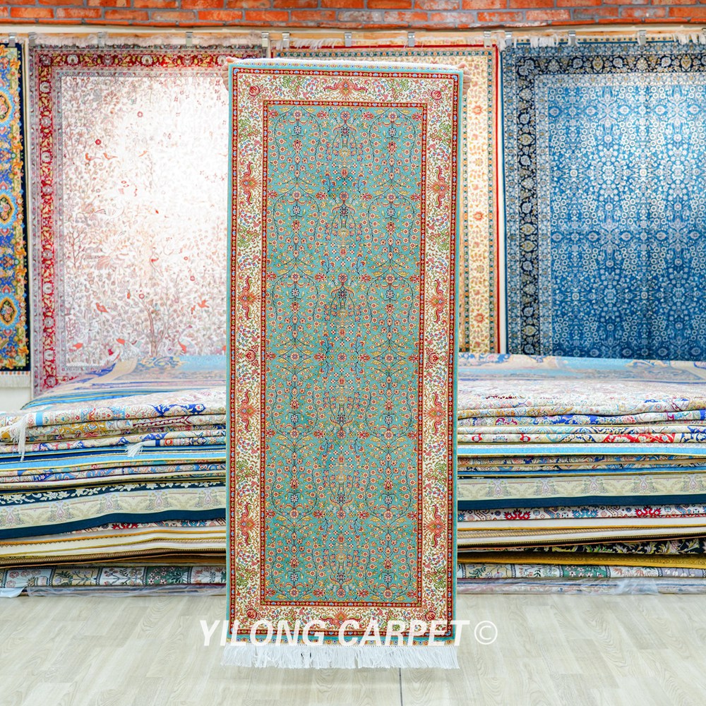 Blue Seven Hill Flowers Pattern Handmade Silk Rug Runner 2x5ft - Image 3