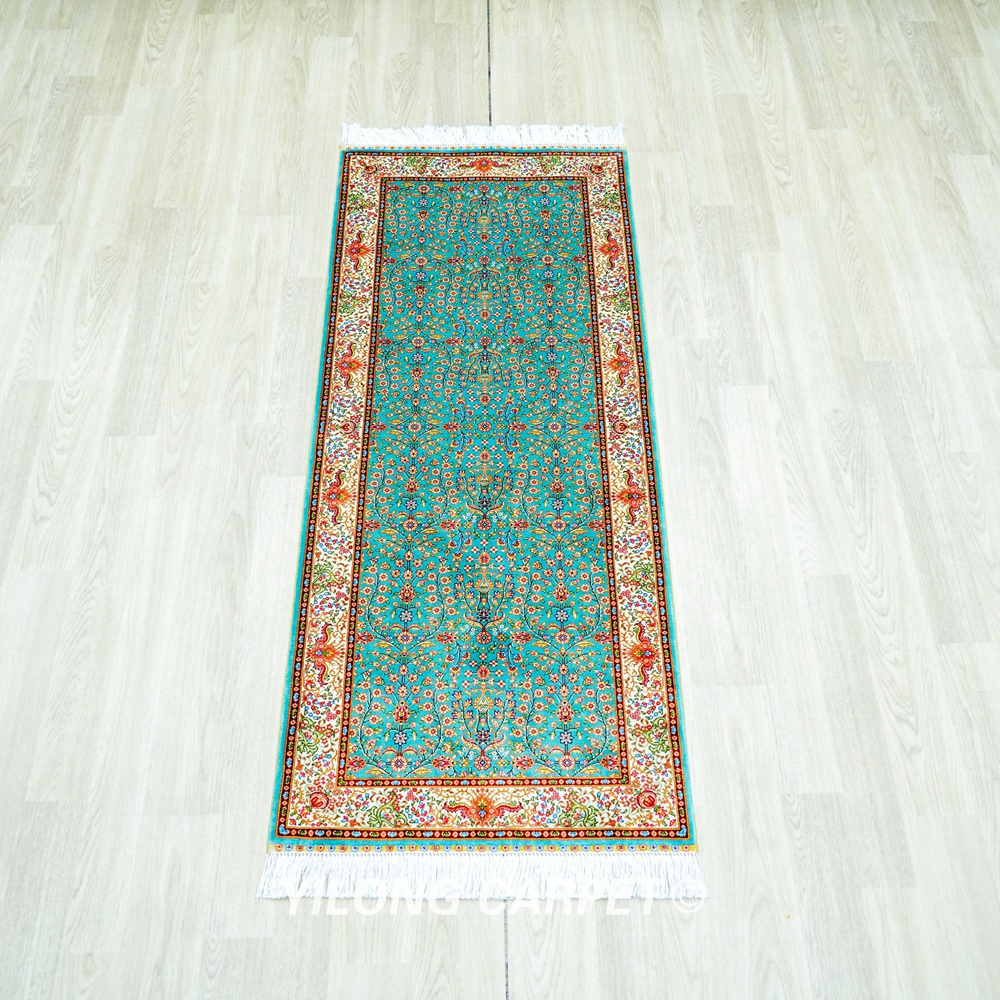 Blue Seven Hill Flowers Pattern Handmade Silk Rug Runner 2x5ft - Image 4