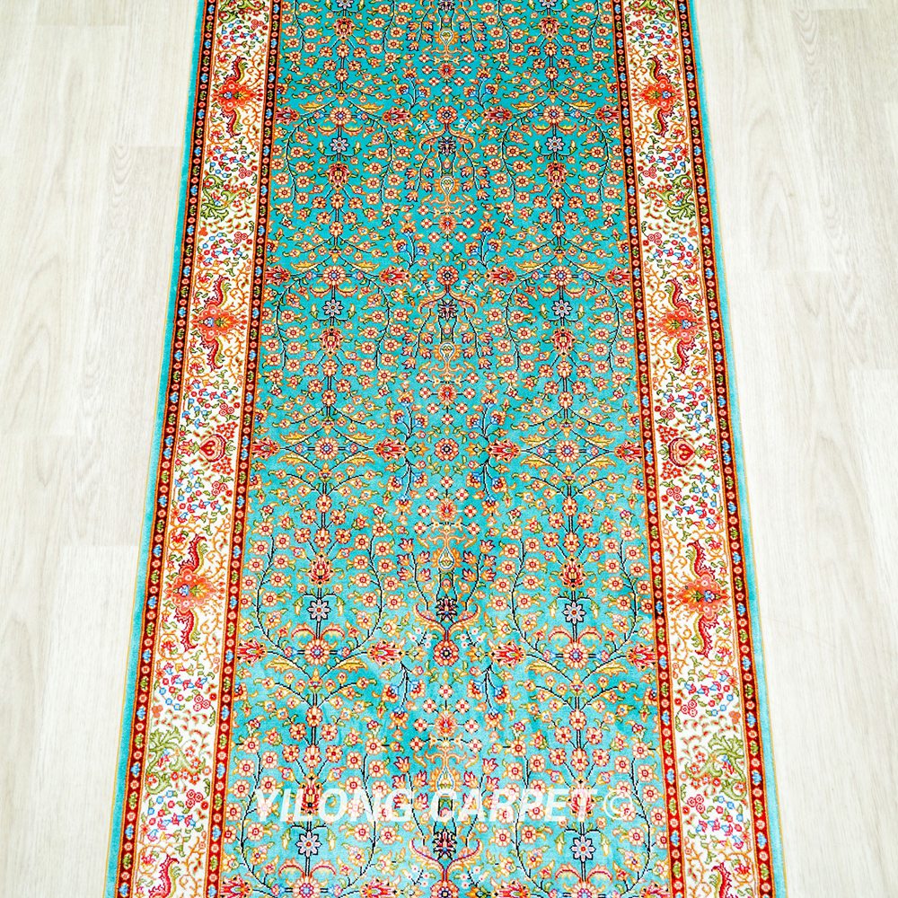 Blue Seven Hill Flowers Pattern Handmade Silk Rug Runner 2x5ft - Image 5