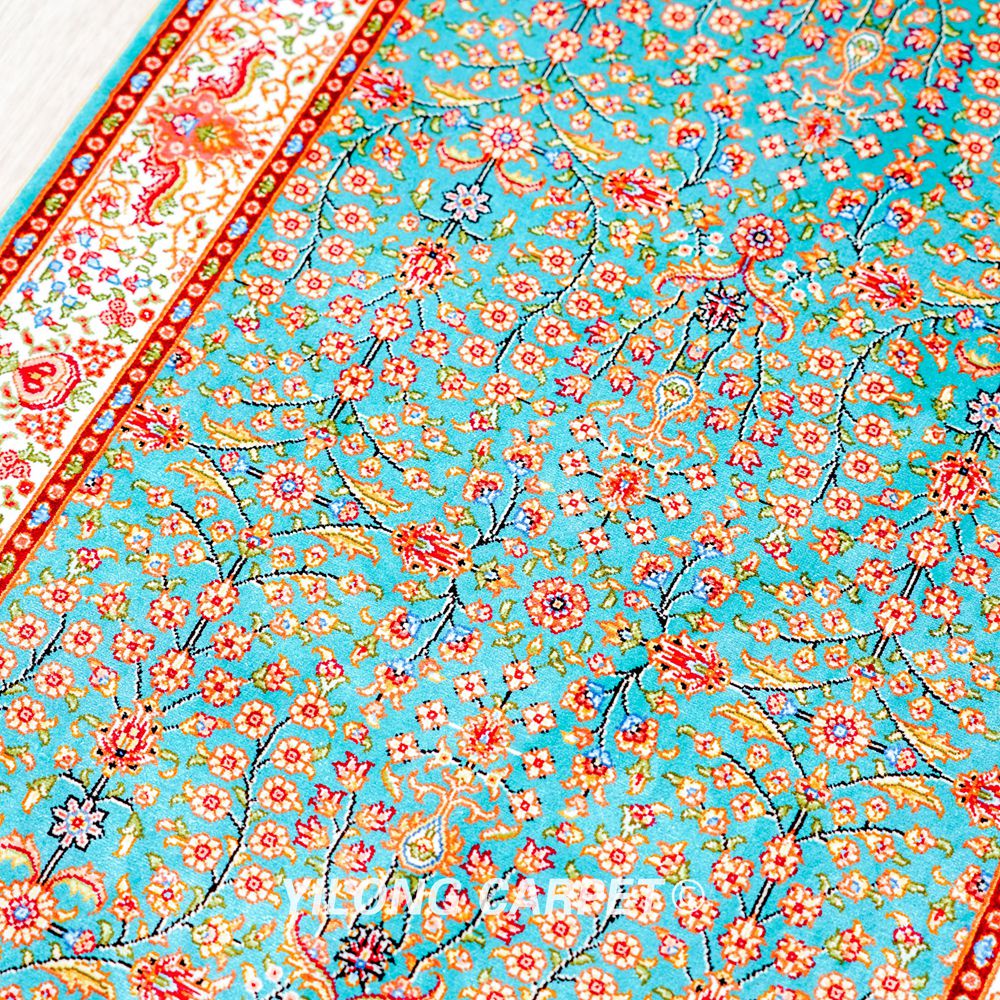Blue Seven Hill Flowers Pattern Handmade Silk Rug Runner 2x5ft - Image 6