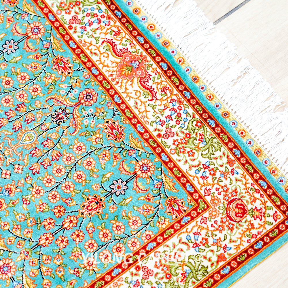 Blue Seven Hill Flowers Pattern Handmade Silk Rug Runner 2x5ft - Image 7