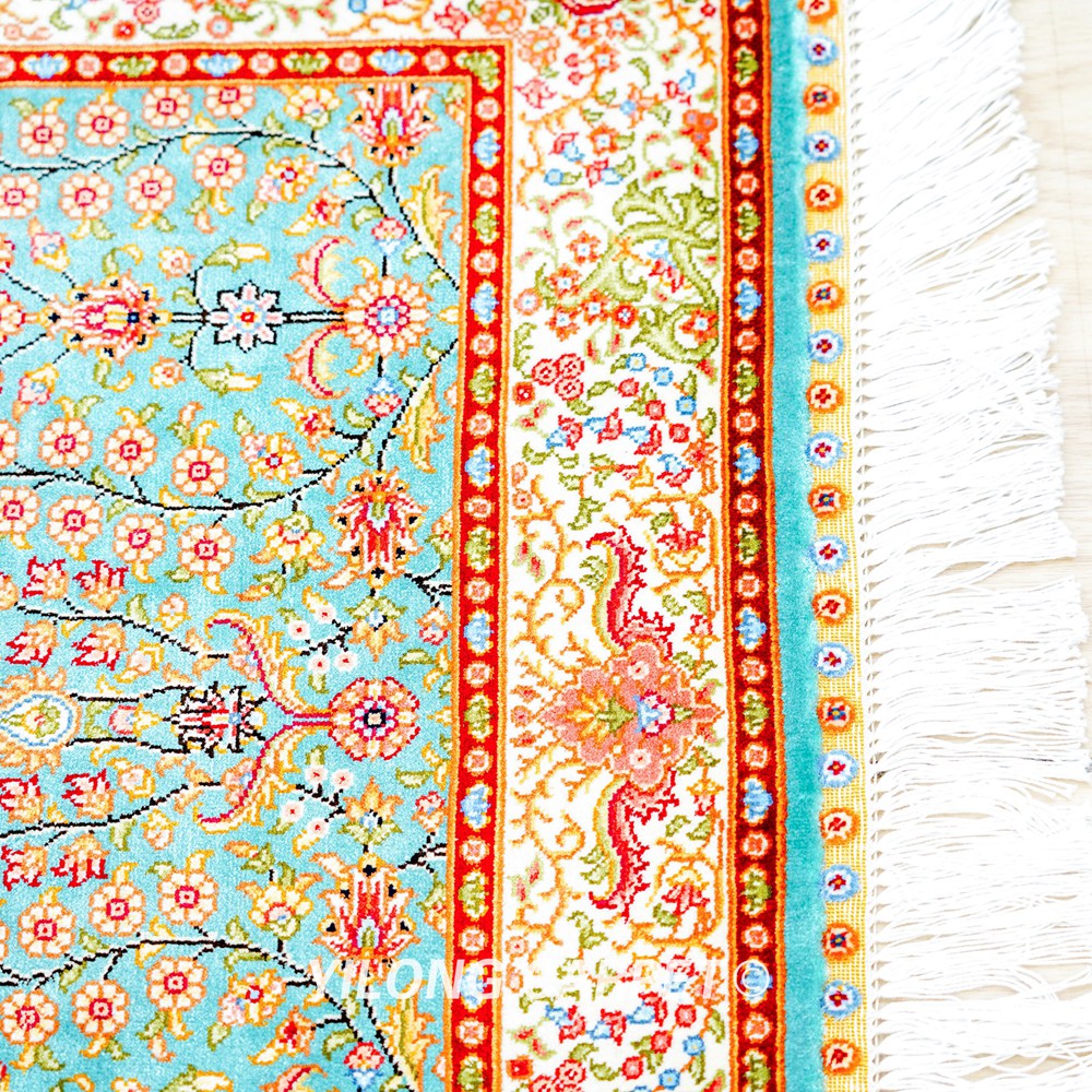 Blue Seven Hill Flowers Pattern Handmade Silk Rug Runner 2x5ft - Image 8