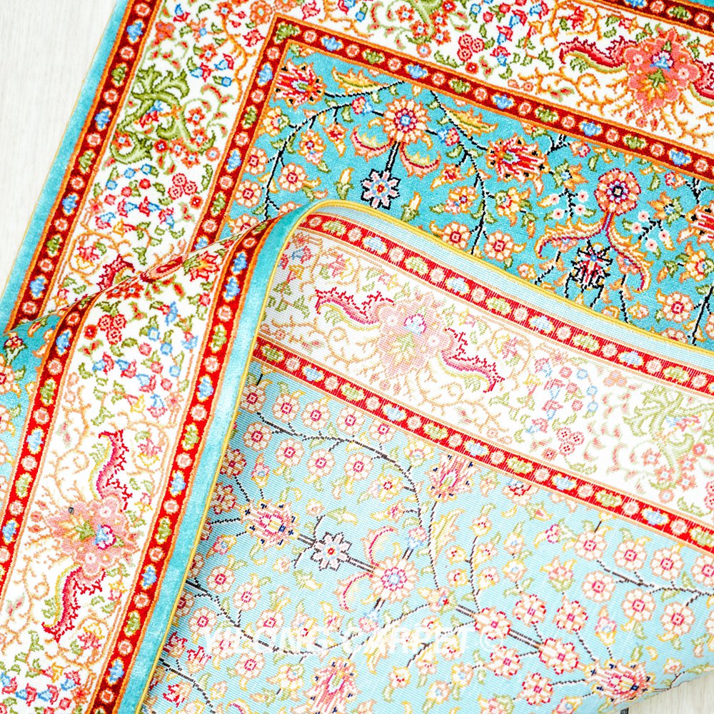 Blue Seven Hill Flowers Pattern Handmade Silk Rug Runner 2x5ft - Image 9