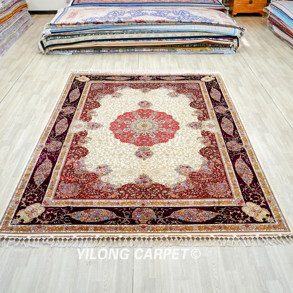Luxury Persian Silk Carpet Floral Red Handmade Silk Villa Carpet 8.2x11.48ft - Image 3