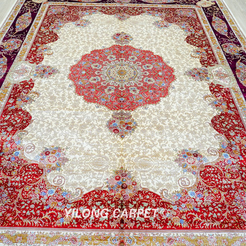 Luxury Persian Silk Carpet Floral Red Handmade Silk Villa Carpet 8.2x11.48ft - Image 4
