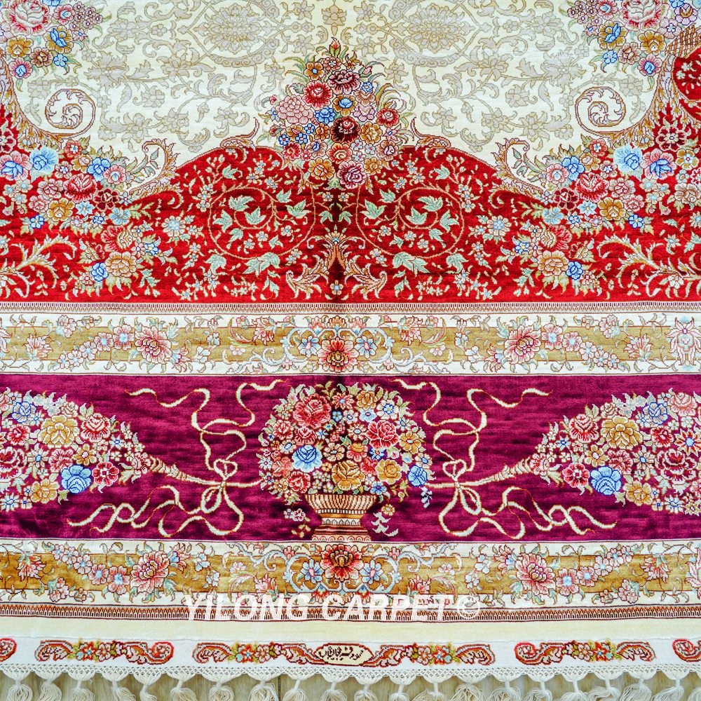 Luxury Persian Silk Carpet Floral Red Handmade Silk Villa Carpet 8.2x11.48ft - Image 5