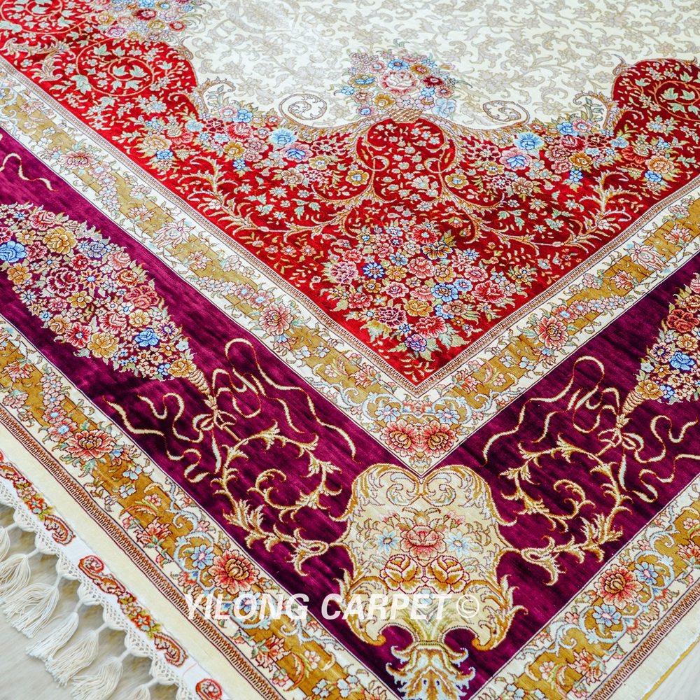 Luxury Persian Silk Carpet Floral Red Handmade Silk Villa Carpet 8.2x11.48ft - Image 6