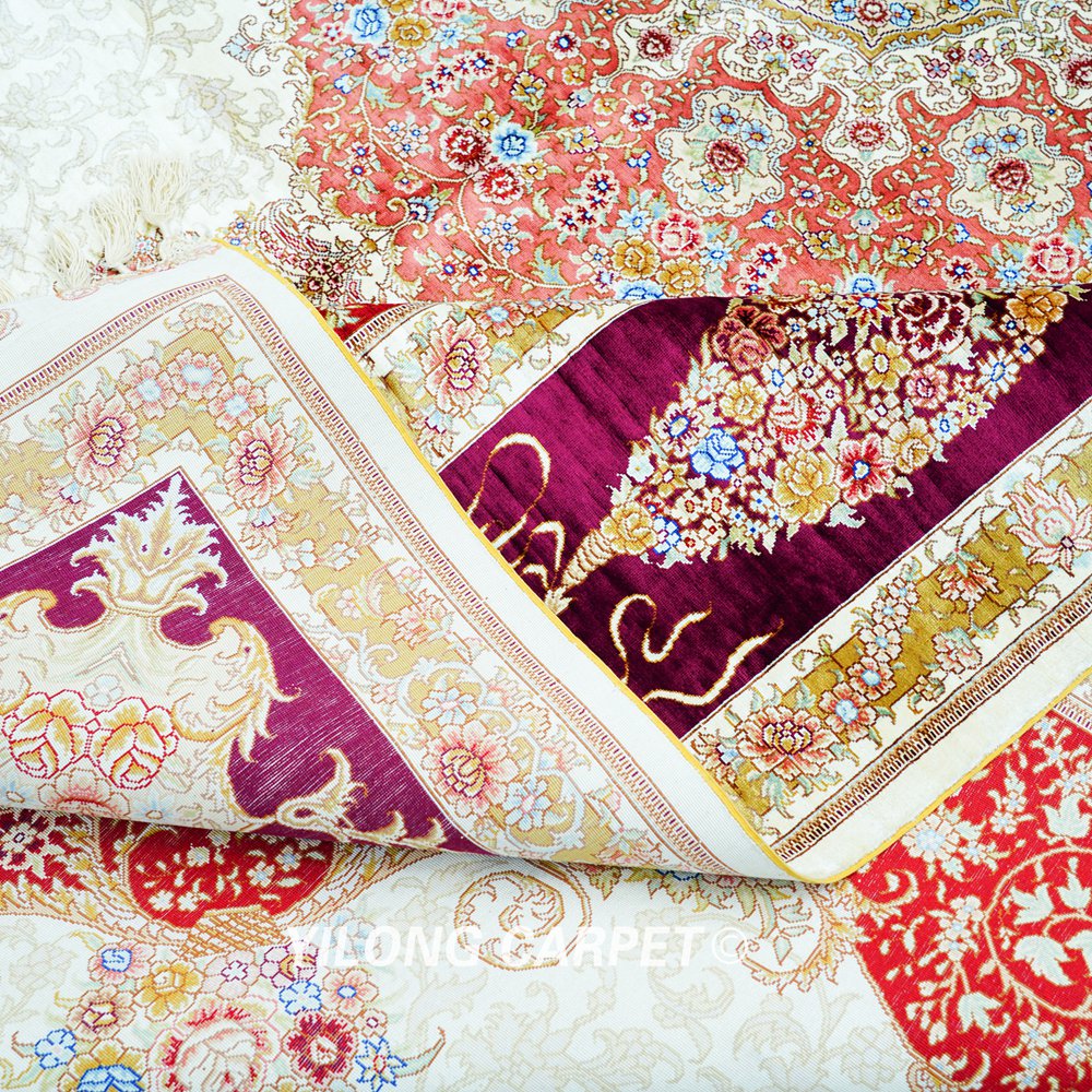 Luxury Persian Silk Carpet Floral Red Handmade Silk Villa Carpet 8.2x11.48ft - Image 9