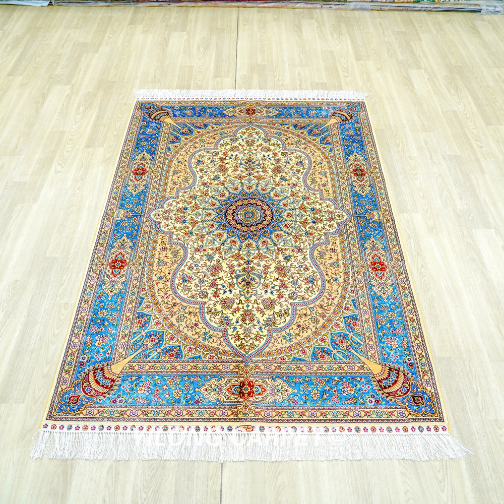 Persian Carpet Beige Oriental Handmade Area Silk Rug 4x6ft - Image 3