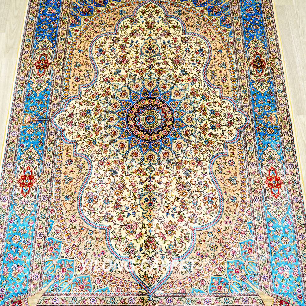 Persian Carpet Beige Oriental Handmade Area Silk Rug 4x6ft - Image 4