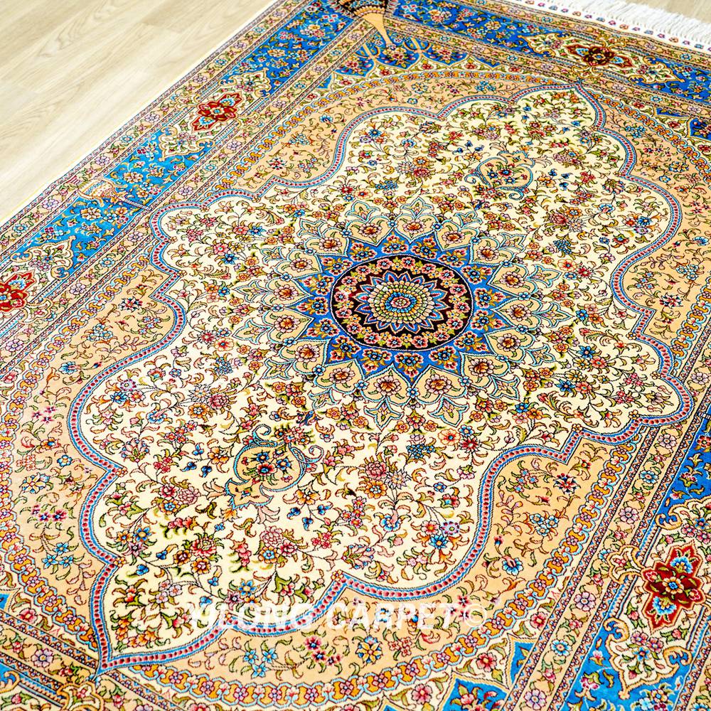 Persian Carpet Beige Oriental Handmade Area Silk Rug 4x6ft - Image 5