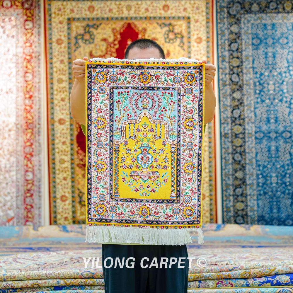 Golden Persian Rug Oriental Hand Knotted Silk Small Rug 1.4x2ft