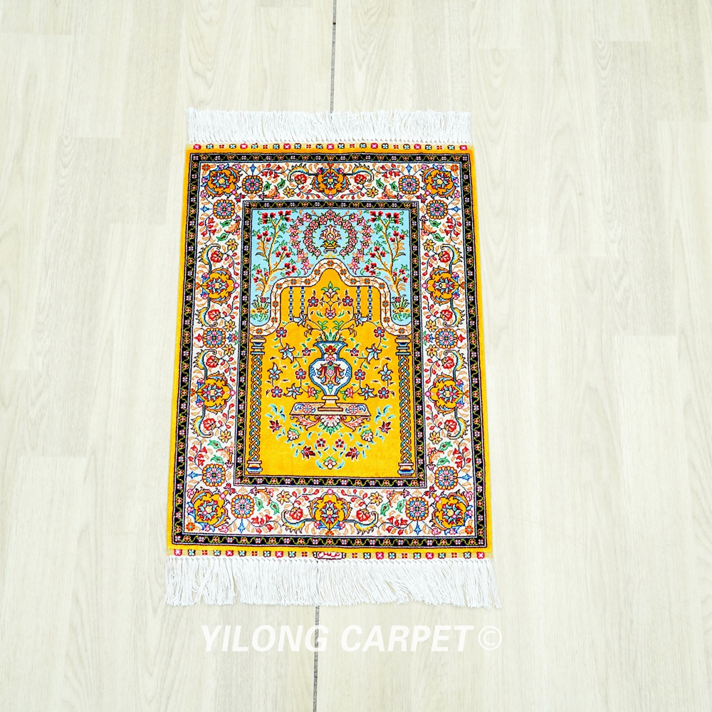 Golden Persian Rug Oriental Hand Knotted Silk Small Rug 1.4x2ft - Image 3