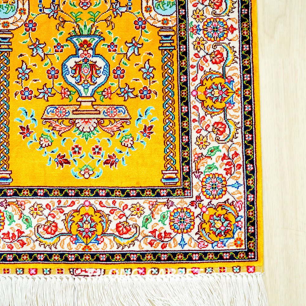 Golden Persian Rug Oriental Hand Knotted Silk Small Rug 1.4x2ft - Image 4