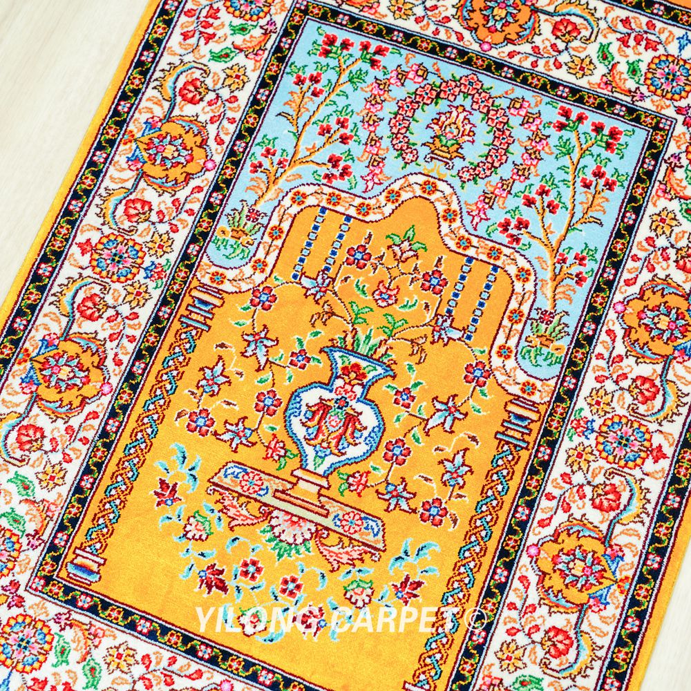 Golden Persian Rug Oriental Hand Knotted Silk Small Rug 1.4x2ft - Image 5