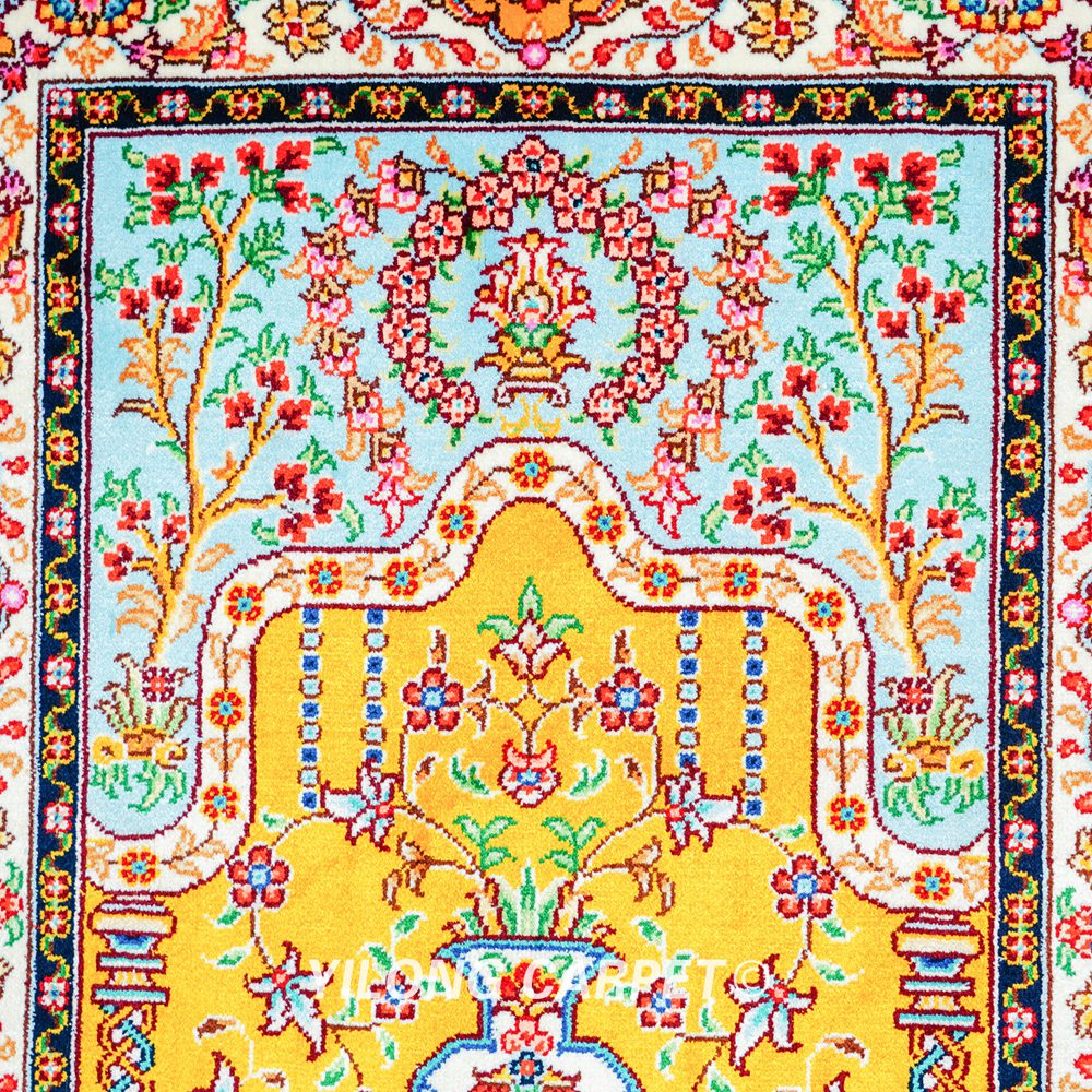 Golden Persian Rug Oriental Hand Knotted Silk Small Rug 1.4x2ft - Image 6