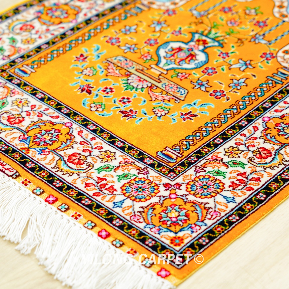 Golden Persian Rug Oriental Hand Knotted Silk Small Rug 1.4x2ft - Image 7