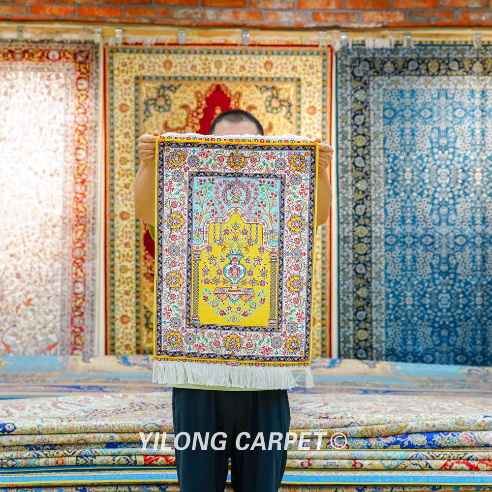 Golden Persian Rug Oriental Hand Knotted Silk Small Rug 1.4x2ft - Image 9