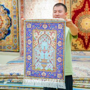 Persian Rug Oriental Prayer Rug Hand Knotted Silk Small Rug 1.4x2ft