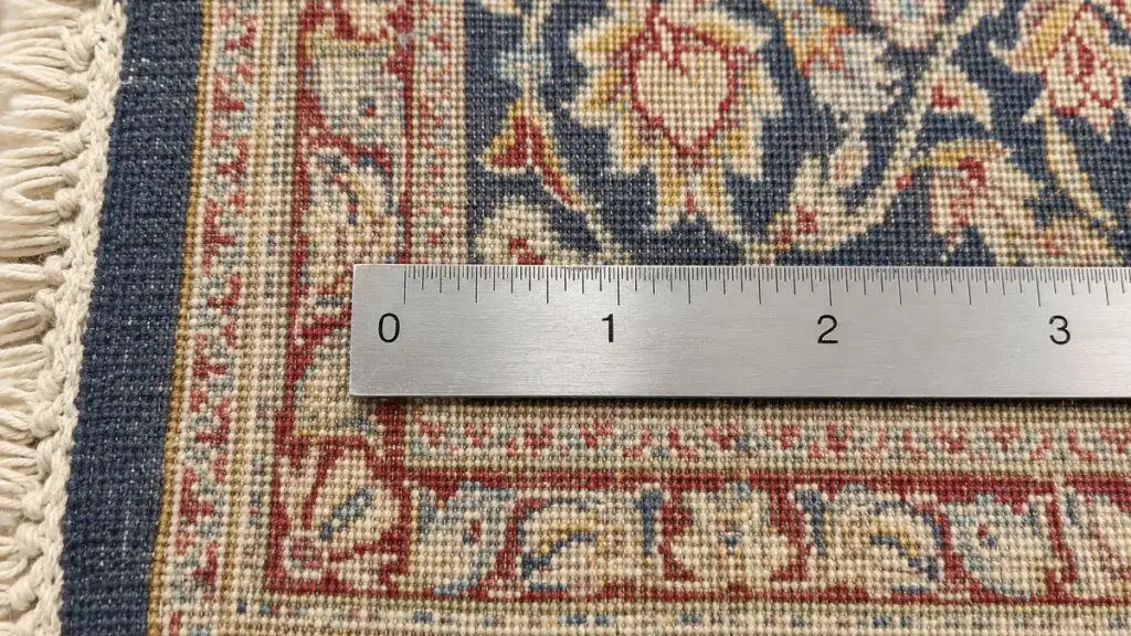 Back of a handmade silk rug showing knot density and construction