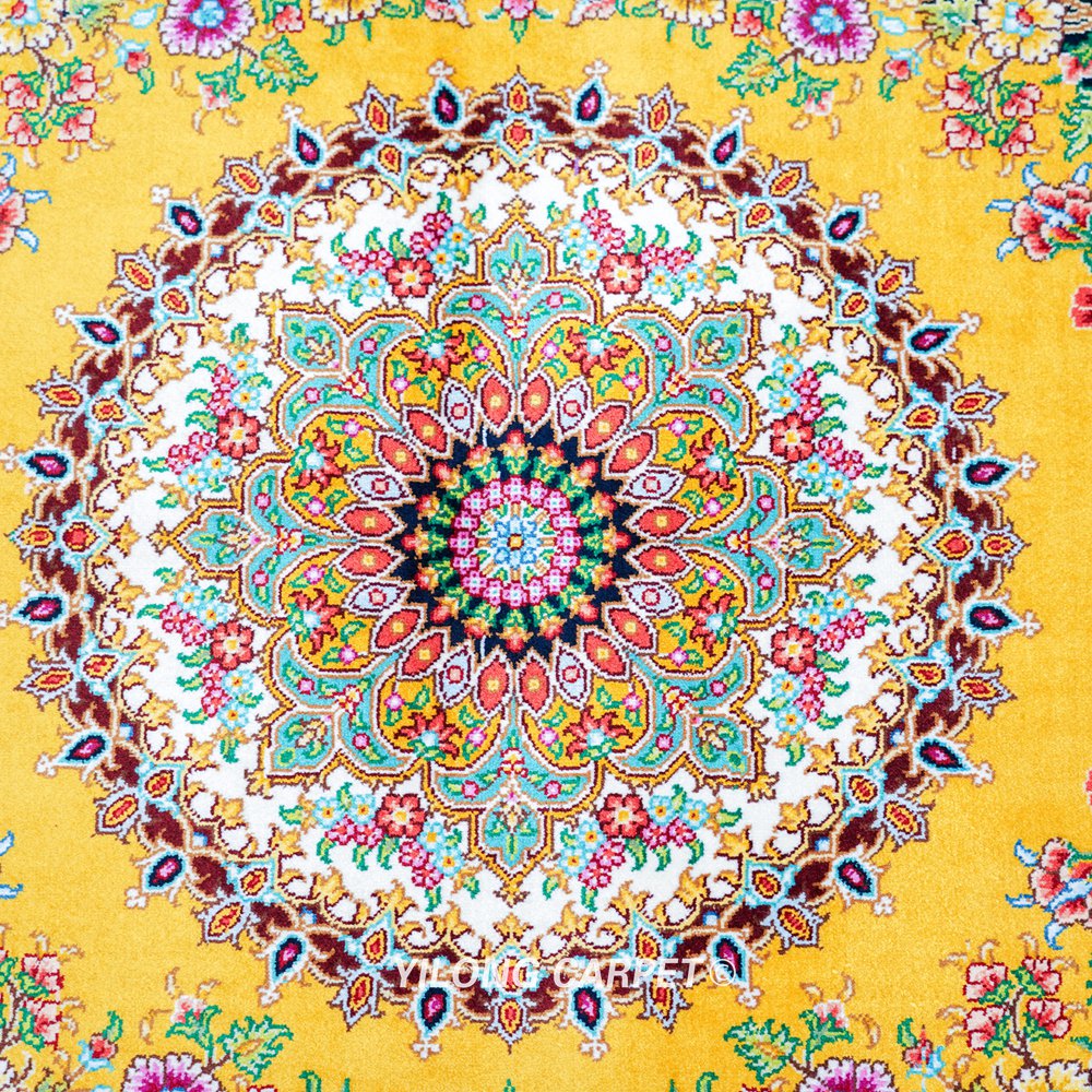 Persian Rug Yellow Hand Knotted Silk Rug 2.25x4ft - Image 7