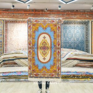 Luxury Rug Blue Golden Hand Knotted Silk Rug 2.25x4ft