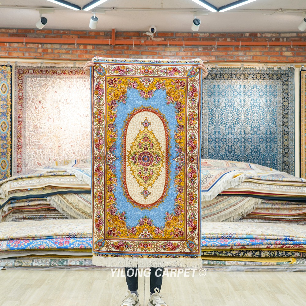 Luxury Rug Blue Golden Hand Knotted Silk Rug 2.25x4ft
