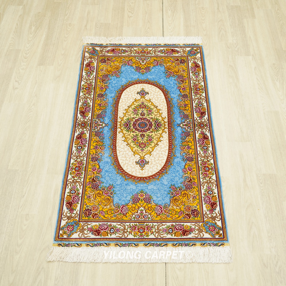 Luxury Rug Blue Golden Hand Knotted Silk Rug 2.25x4ft - Image 3