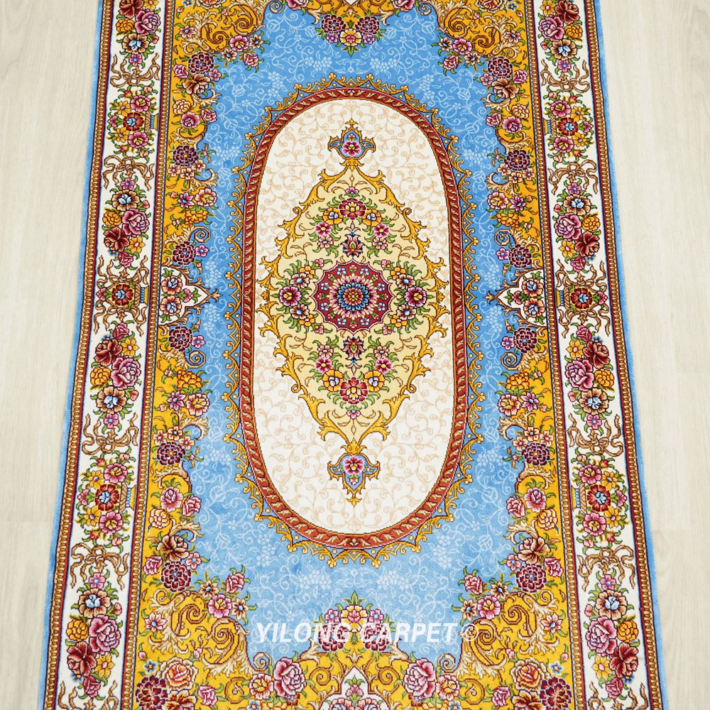 Luxury Rug Blue Golden Hand Knotted Silk Rug 2.25x4ft - Image 4