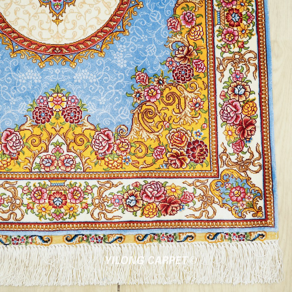Luxury Rug Blue Golden Hand Knotted Silk Rug 2.25x4ft - Image 5