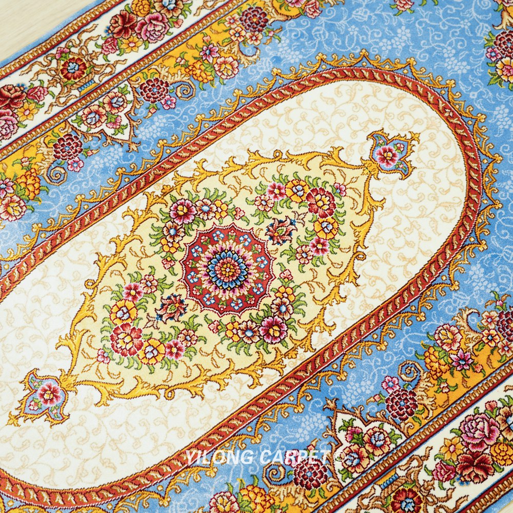 Luxury Rug Blue Golden Hand Knotted Silk Rug 2.25x4ft - Image 6