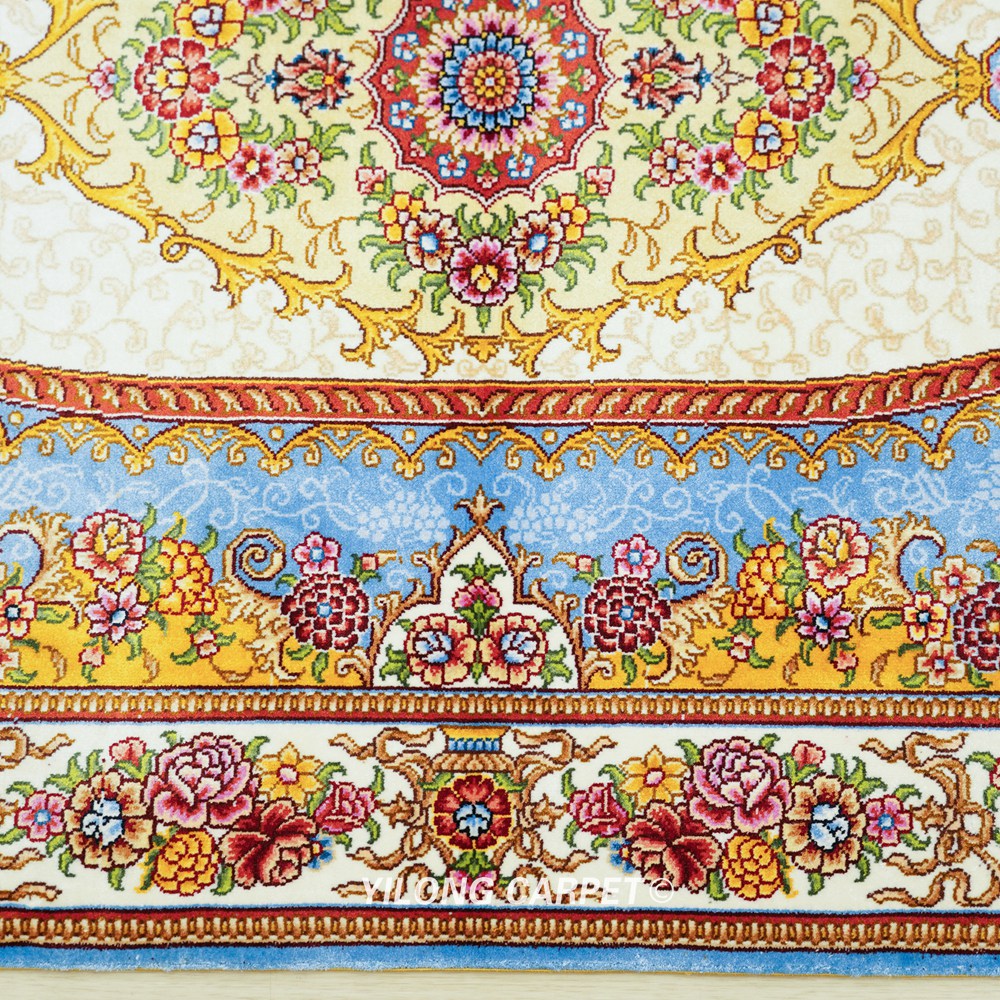 Luxury Rug Blue Golden Hand Knotted Silk Rug 2.25x4ft - Image 7